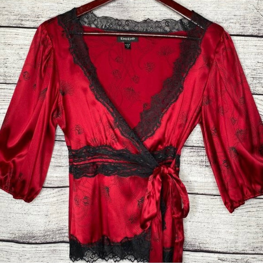 bebe Red and Black Lace Wrap Blouse
